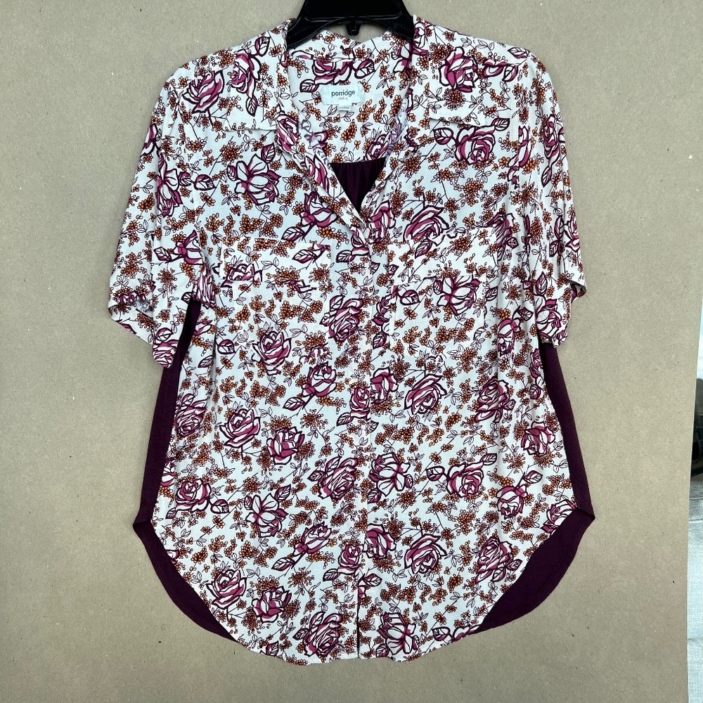 Anthropologie Porridge Cranberry Rose Button Up Knit Back Top Size L